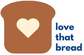 Logo of 'love that bread' with a heart symbol on a white background